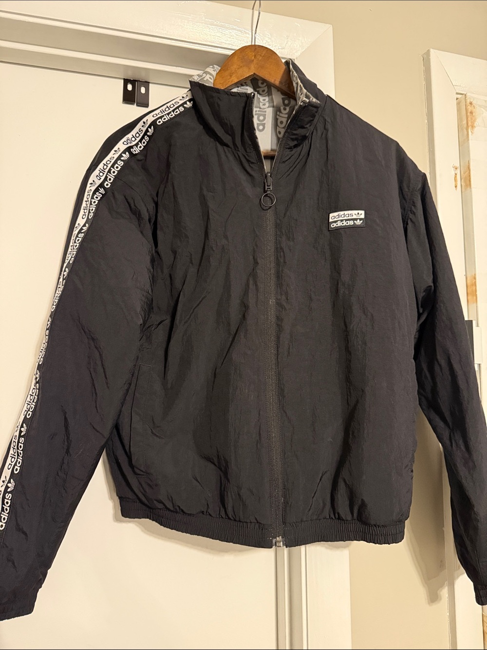 adidas Black Windbreaker Jacket with Logo Tape